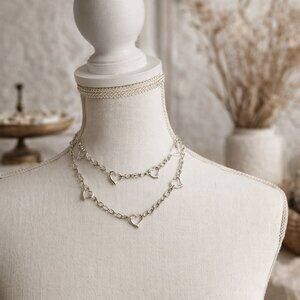 Double Chain Necklace Heart Charms Chrome Toggle Toned Vintage Style